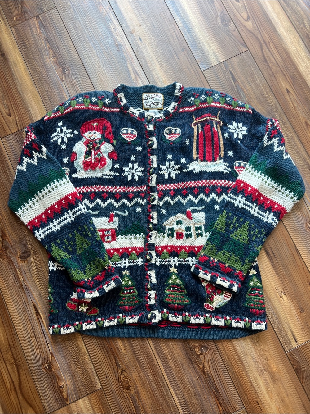 Vintage 90s Holiday Cardigan Sweater - Navy Multi
